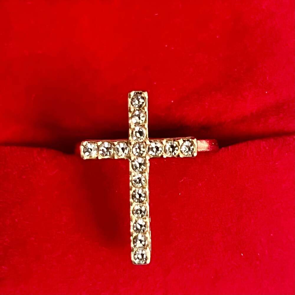 Gold Rhinestone Cross Ring Size 6